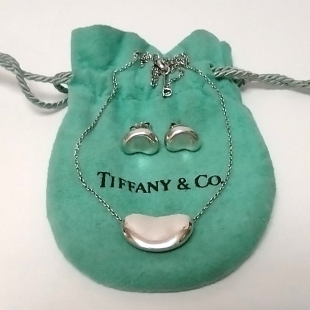 Tiffany Elsa Peretti Bean 18mm Necklace & 9mm Earrings Set Sterling Silver 925